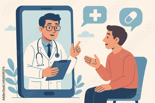 Telemedicine consultation doctor patient online healthcare. Virtual medical advice appointment. Remote diagnosis. Digital health service. Mobile app technology. Cartoon vector illustration concept