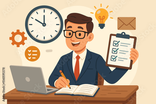 Businessman Managing Time and Productivity, Prioritizing Tasks, Planning, Organization Skills, Office Desk with Laptop, Checklist, Clock, Lightbulb, Workflow, Vector Illustration Concept