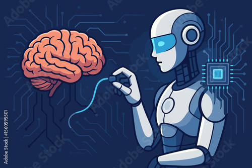 Futuristic android robot connecting to human brain with neural interface cable. Artificial intelligence, brain-machine interface, technology integration, cyborg concept, vector illustration