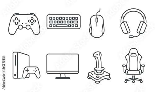 Gaming accessories icons set – linear, gadgets and electronics symbols for enthusiasts