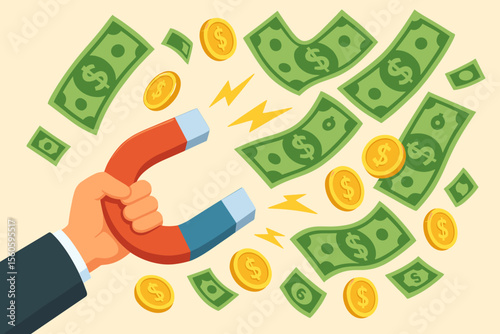 Businessman hand holding magnet attracting flying dollar bills and gold coins. Money magnet concept. Financial success, wealth, investment, profit, income, business growth vector illustration