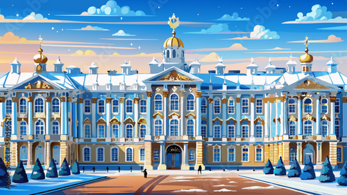 Catherine Palace in Tsarskoye Selo near St. Petersburg features brilliant sky-blue walls, gilded stucco, and snow-dusted rooftops—an extraordinary vision of rococo Russian grandeur.