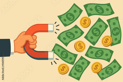 Businessman Hand Holding Magnet Attracting Money Bills and Coins, Financial Success, Wealth Attraction, Investment, Profit Growth, Income Generation, Money Magnet Concept, Vector Illustration