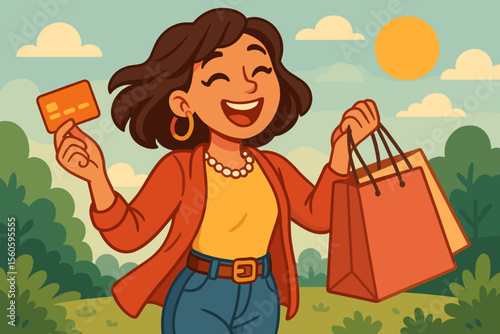 Happy young woman shopping outdoors with credit card and bags. Cartoon female shopper in casual outfit enjoying retail therapy on sunny day. Modern lifestyle, spending, consumerism concept vector