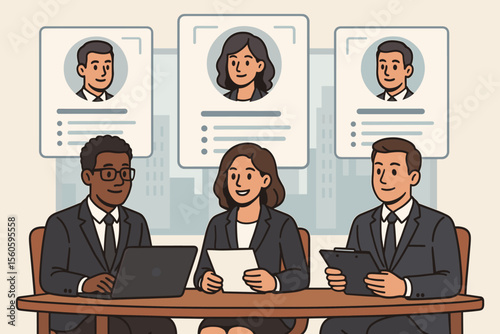 Corporate HR professionals team evaluating job applicants, reviewing digital candidate profiles, recruitment interview process, human resources management, office teamwork, vector illustration
