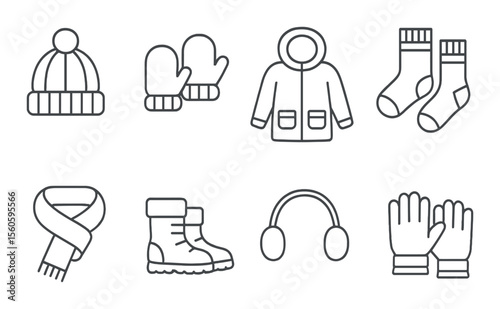 Winter wear outline icons set – cozy, cold weather clothing symbols