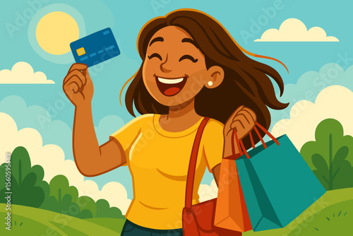 Happy young woman holding credit card and shopping bags outdoors, summer day, retail therapy, consumer lifestyle, spending money, female shopper, cartoon vector illustration, sunny background