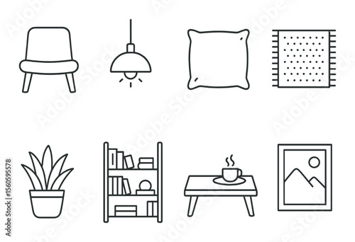 Interior design icons set – silhouette, home decor and furnishing symbols