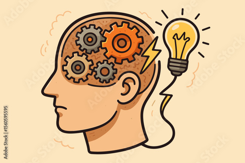 Human mind with mechanical gears, cogwheels, and lightning bolt generating light bulb. Brainstorm, innovation, creative thinking, mental process, problem solving, idea concept. Vector illustration