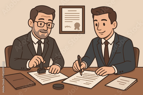 Notary and Businessman Signing and Stamping Legal Documents, Certification, Validation, Official Approval, Contract Agreement, Vector Cartoon Illustration, Office Law Notarization Concept