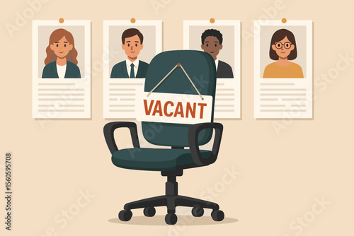 Office chair with vacant job sign and candidate resumes background, recruitment hiring concept, human resources vacancy, employment opportunity, job search illustration