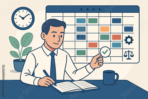 Business manager planning optimized weekly schedule. Productivity, time management, efficiency, organization. Office desk, calendar, checklist, balance, workflow, vector illustration.
