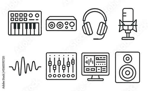 Music production icons set – outline, simple composing and audio tools symbols