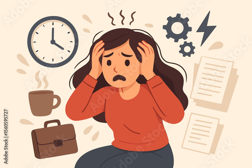 Stressed overwhelmed woman holding head surrounded by work pressure, deadlines, paperwork, time management, anxiety, office burnout, mental health crisis, cartoon vector illustration