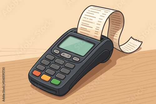 POS Terminal with Long Receipt Printing Retail Transaction Sales Record Cartoon Vector Illustration for Payment Processing and Checkout System