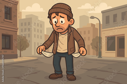 Sad man showing empty pockets, poverty and unemployment concept, cartoon vector illustration of financial crisis, broke person in urban city street, economic hardship, no money, depression