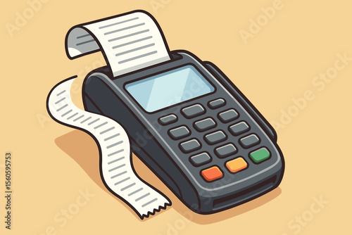 Cartoon POS terminal with long paper receipt, electronic payment machine, retail checkout, sales transaction, finance, cash register, point of sale, modern business vector illustration