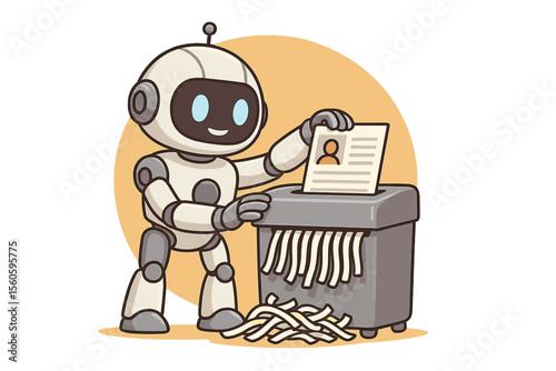Friendly Robot Shredding Employee Applications Paper Shredder Automation Concept in HR, Human Resources Technology, Office Workflow, Data Privacy, Vector Cartoon Illustration
