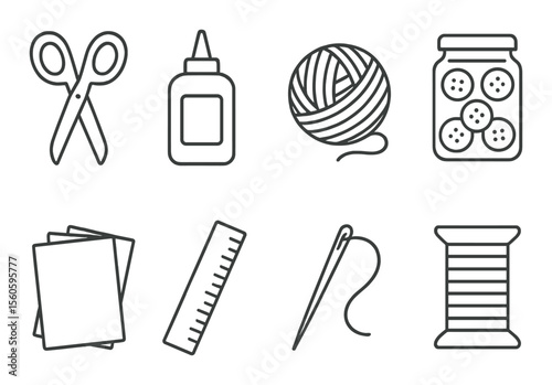 Crafting essentials icons set – outline, diy and hobby tools for design projects