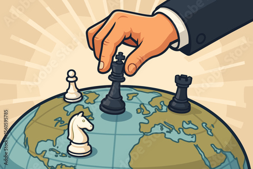 Strategic Global Power Play Concept. Hand Moving Chess Pieces on World Map Globe. Geopolitical Influence, International Strategy, Political Manipulation, Leadership, Decision Making, Control Metaphor