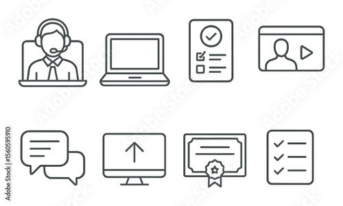 Virtual learning icons set – outline, education and online training symbols