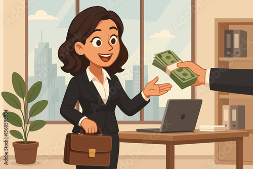 Successful Businesswoman Receiving Salary Payment in Modern Office, Professional Woman with Briefcase Getting Cash, Business Finance Concept, Corporate Workplace Illustration