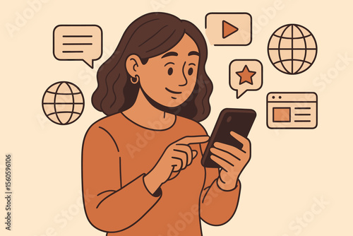 Young woman using smartphone for browsing internet, watching videos, reading news, social media, online communication, digital lifestyle, modern technology, cartoon vector illustration