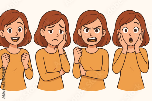 Cartoon woman showing range of emotions through body language, surprise, excitement, anxiety, nervousness, emotional expression, female character, vector illustration, communication concept