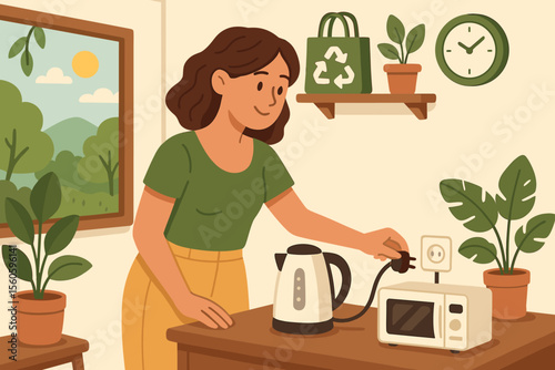 Eco-Friendly Woman Unplugging Kitchen Appliances to Save Energy in Sustainable Home Interior with Plants, Recycling Bag, Natural Light, Environmental Conservation Concept Vector Illustration
