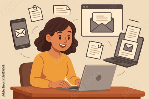Businesswoman working on laptop receiving digital emails and documents. Office communication, online messaging, workflow management, remote work, mobile and computer technology concept illustration