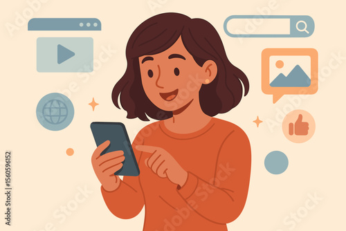 Young woman using smartphone for social media, internet browsing, video streaming, online search, digital communication, and multimedia interaction. Modern technology lifestyle vector illustration