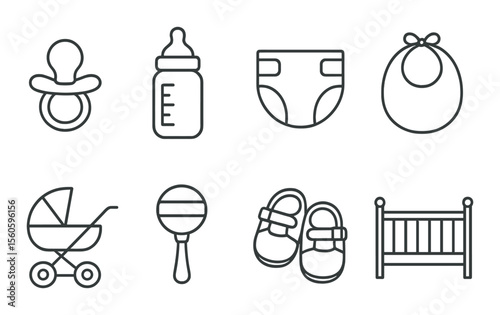 Baby essentials icons set – outline, nursery and infant care symbols in simplistic style