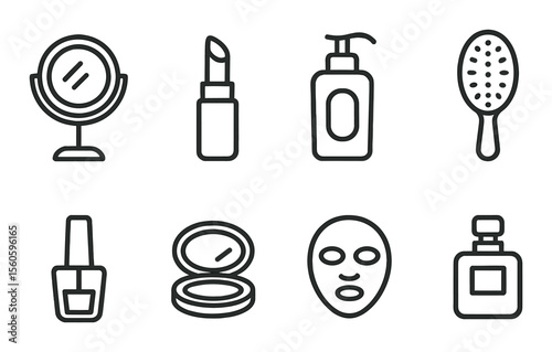 Beauty and cosmetics icons set – outline, skincare and makeup essentials symbols