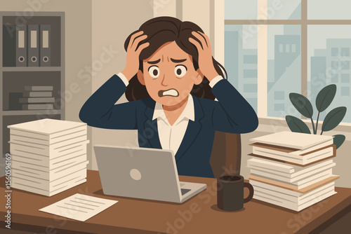 Stressed businesswoman overwhelmed with paperwork at office desk, holding head in frustration, surrounded by stacks of documents, laptop, coffee cup, corporate workplace, deadline pressure concept