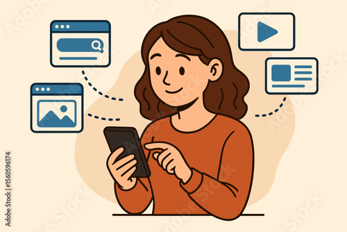 Smiling woman browsing internet on smartphone, searching for information, watching videos, viewing images, reading news, digital lifestyle, online activity, modern technology vector illustration