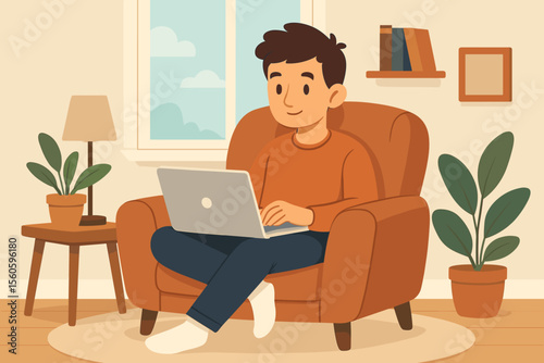 Cozy home workspace with young man using laptop in armchair, modern living room interior, remote work, freelance, online study, plants, books, window, comfortable lifestyle vector illustration