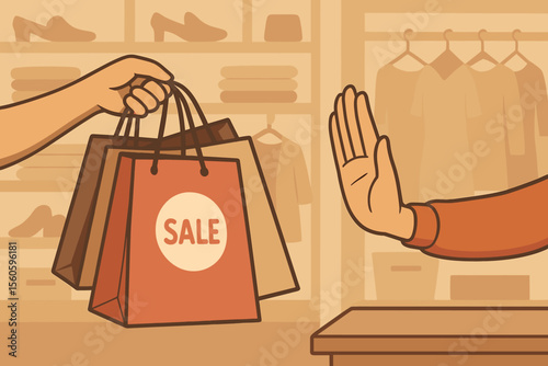 Woman's Hand Rejecting Shopping Bags with Sale Items in Retail Store, Refusing Purchase Concept, Consumer Decision, Shopping Stop Gesture, Vector Cartoon Illustration