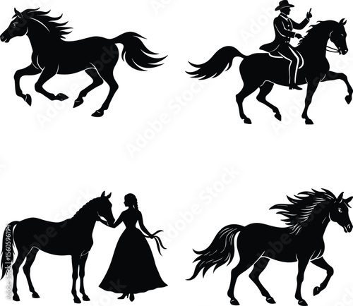 Collection of horse silhouettes set vector cowboy riding horse silhouette vector illustration