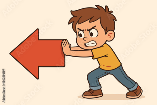Determined boy pushing large red left arrow. Cartoon child resisting direction, stubborn, strong effort, challenge, opposition, vector illustration. Motivation, perseverance, adversity concept