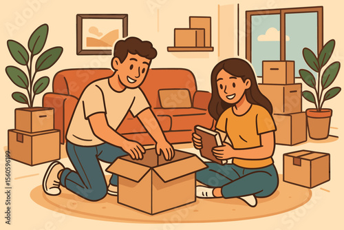 Young couple unpacking moving boxes in new apartment living room, starting fresh, home relocation, moving in together, cozy modern interior, plants, cardboard boxes, vector cartoon illustration