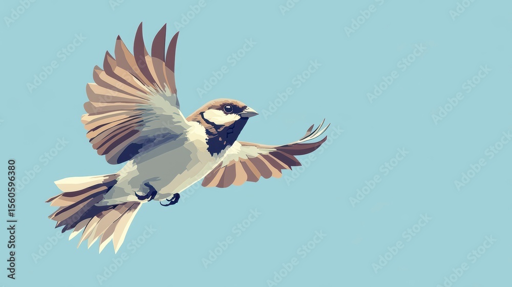 Obraz premium A stylized sparrow in flight against a light blue background.