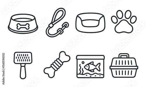 Pet care essentials icons set – outline, animal welfare and pet accessories graphics