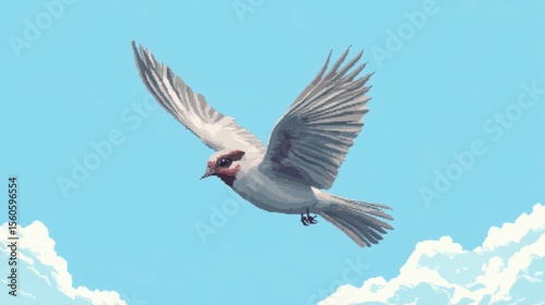 White bird in flight against a pale blue sky with fluffy clouds.
