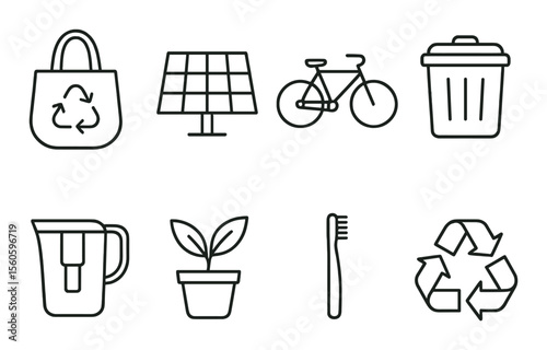 Eco friendly icons set – outline, green living and sustainable lifestyle symbols