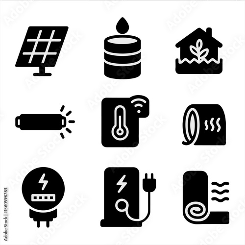 Minimalist Building Icons. Solid, filled icon set of minimalist building utilities: solar panel, rainwater tank, ventilation