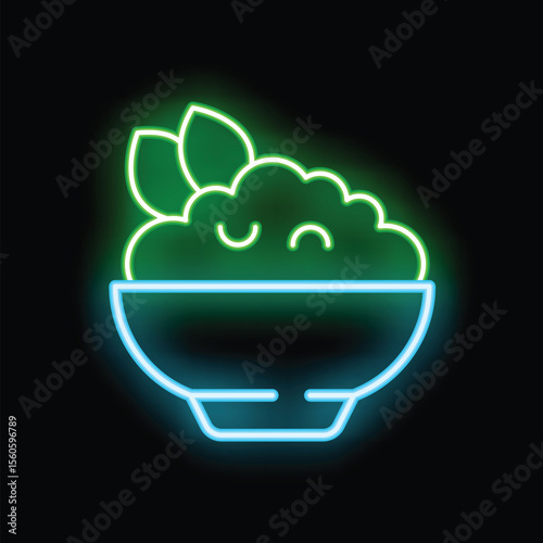 Glowing neon sign depicting a bowl of food, possibly rice or mashed potatoes, with a simple face conveying a sense of sadness