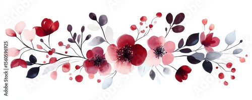 Watercolor Floral Banner Red, Pink and Gray Flowers with Berries, elegant ,floral design