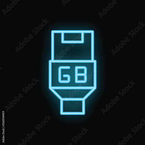 Bright blue neon icon of a 6 gb usb flash drive glowing on a black background
