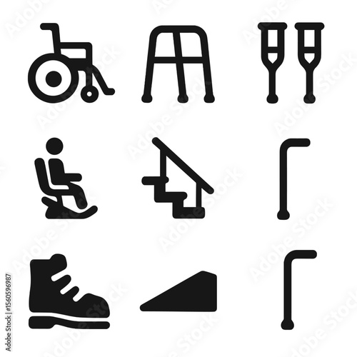 Mobility Aids Icons. Solid, filled icon set of mobility aids: wheelchair, walker, crutches, stair lift, handrail, orthopedic shoe,