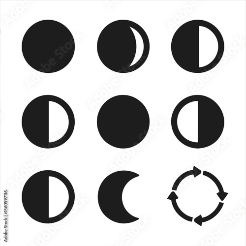 Moon Phases Icons. Solid, filled icon set of the phases of the moon: new moon, waxing crescent, first quarter, waxing gibbous,